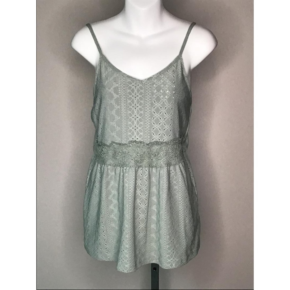 SHEIN Sage Green Eyelet Lace Camisole Top Crochet Waist Babydoll Size L Coquette